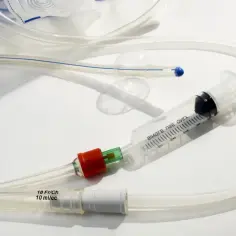 Sprzęt medyczny do badania urodynamicznego: cewnik z balonikiem, strzykawka i przewody.