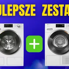 Najlepsza pralko suszarka Miele w zestawie. Dwie białe pralki z czarnymi bębnami i wyświetlaczami.
