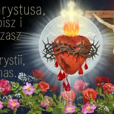 Jezus ukrzyżowany, z koroną cierniową i krwawiącym Sercem, otoczony płomieniami i kwiatami.
