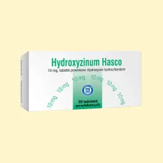 Opakowanie leku Hydroxyzinum Hasco 10 mg, zawierające 30 tabletek powlekanych.
