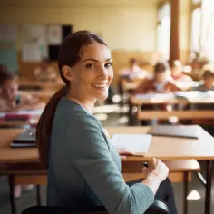 Uśmiechnięta nauczycielka w klasie pełnej dzieci. Jej spokój i pewność siebie to przykład rezyliencji w edukacji, wspierającej młodych ludzi.