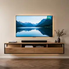 Nowoczesna ściana z telewizorem: wisząca szafka RTV z drewna, czarny soundbar i duży ekran z widokiem na góry.