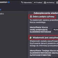 Zabezpieczona wiadomość z dobrym podpisem cyfrowym i zaszyfrowaną treścią, potwierdzająca użycie OpenPGP.