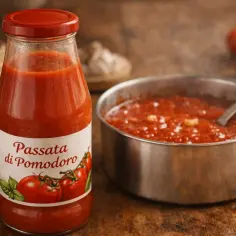 Butelka passaty pomidorowej i miska sosu. Czy passata nadaje się do pizzy? Tak, to idealna baza!
