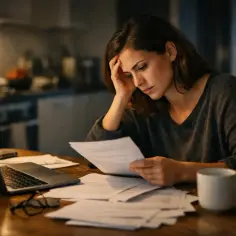 Zmartwiona kobieta analizuje dokumenty, szukając informacji, ile wynosi podatek od spadku mieszkania.