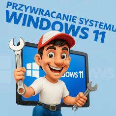 Uśmiechnięty majster z kluczami w rękach, gotowy do przywracania systemu Windows 11.