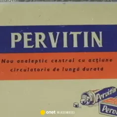 Reklama leku Pervitin, z napisem "Nou analgetic central cu acțiune circulatorie de lungă durată" i opakowaniami leku.
