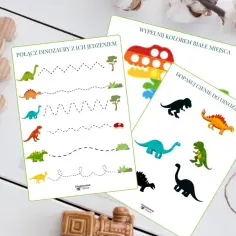 Zestaw kart edukacyjnych na dzień dinozaura: połącz dinozaury z jedzeniem, dopasuj cienie i pokoloruj białe miejsca.