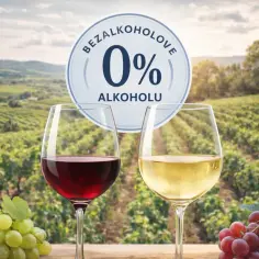 Dwa kieliszki wina, czerwonego i białego, na tle winnicy. Okrągły napis "BEZALKOHOLOWE 0% ALKOHOLU" sugeruje, czy wino bezalkoholowe jest zdrowe i jak powstaje proces dealkoholizacji.