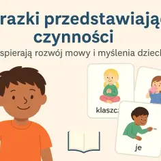 Ilustracja przedstawia chłopca machającego ręką i karty z czynnościami: dziewczynka medytuje, pije, chłopiec je. To praca plastyczna wspierająca rozwój mowy.