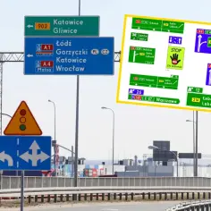 Znaki drogowe wskazujące kierunki na autostradach i drogach krajowych, zapowiadające nowe przepisy drogowe 2026.