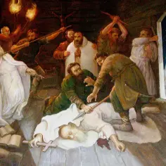 Scena męczeństwa, kiedy jest 40 męczenników. Mężczyźni w białych szatach są atakowani przez uzbrojonych ludzi.