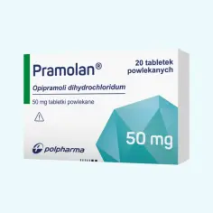Opakowanie leku Pramolan 50 mg. Warto sprawdzić Pramolan dawkowanie przed użyciem. Zawiera 20 tabletek powlekanych.