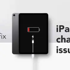 iPad z ikoną niskiego poziomu baterii i symbolem ładowania, podłączony kablem.