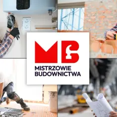 Kolaż zdjęć budowlańców i logo "Mistrzowie Budownictwa".