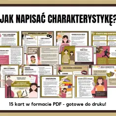 Zestaw 15 kart PDF do druku, zawierający wskazówki, jak napisać opis postaci, superbohatera lub czarnego charakteru.