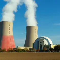 Dwie chłodnie kominowe elektrowni jądrowej z parą unoszącą się w niebo. W tle kopuła reaktora i wysoki komin.