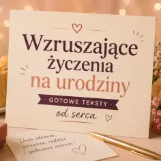 Wzruszające życzenia na urodziny, gotowe teksty od serca. Obok tort z płonącymi świecami, prezent i bukiet róż.