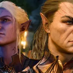 Dwaj wojownicy z Baldur's Gate 3: jeden z fioletową skórą i blond włosami, drugi z bliznami na twarzy. Halsin BG3.