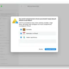 Okno dialogowe na Macu pyta, czy zostawić kopię danych iCloud przed wylogowaniem. Dostępne opcje to Kontakty, Kalendarz i Hasła.