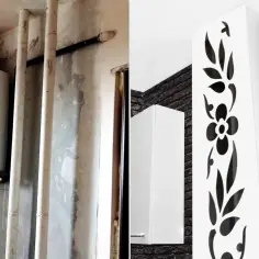 Przed i po: nieestetyczna zabudowa rury gazowej i grzejników zamieniona na elegancką szafkę z ozdobnym panelem.