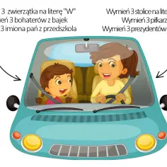 Dwie dziewczynki w samochodzie grają w gry słowne, wymieniając zwierzątka, bajki i stolice.