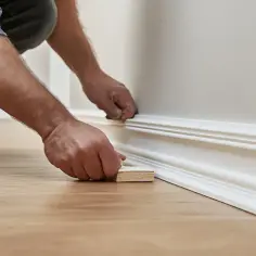 Ręce montują listwę przypodłogową, używając przyrządu do cięcia listew pod kątem.