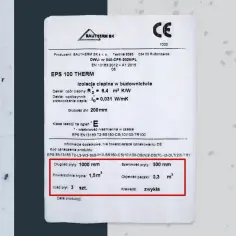 Etykieta produktu z wymiarami płyt styropianowych: długość 1000 mm, szerokość 500 mm, powierzchnia krycia 1,5 m², ilość 3 szt.