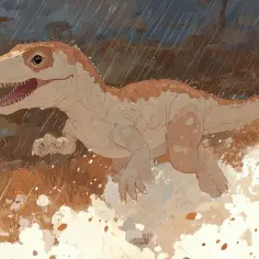 Mały dinozaur biegnie przez deszcz, jak z bajki o dinozaurach.