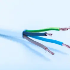 Zbliżenie na kabel elektryczny z odsłoniętymi przewodami w kolorach zielonym, czarnym, niebieskim i brązowym.