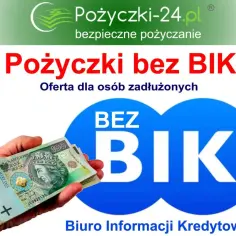 Dłoń trzymająca stos banknotów 100 zł na tle napisu "Pożyczki bez BIK".