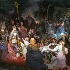 Uroczysta scena z królową Jadwigą w bogatym stroju, otoczoną ludem i dostojnikami.