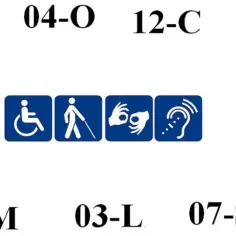 Symbole ułatwień dostępu: wózek, niewidomy, migowy, słuch. Numery mogą oznaczać stopień umiarkowany a karta parkingowa.