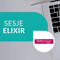 Grafika z napisem "SESJE ELIXIR", logo banku Millennium i fragmentem klawiatury laptopa.