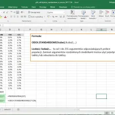 W Excelu formuła ODCH.STANDARDOWE oblicza odchylenie standardowe dla próby danych, np. z kolumny C.