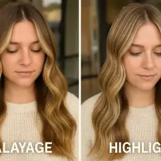 Dwie fryzury kobiety: po lewej balayage z refleksami, po prawej pasemka. Obie wersje z subtelnymi refleksami dodają blasku.