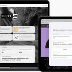 Safari przeglądarka chroni prywatność, blokując śledzenie. Widok na laptopie, tablecie i telefonie.
