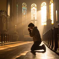 Młody mężczyzna klęczy w kościele, pogrążony w modlitwie w Ogrójcu. Promienie słońca przechodzą przez witraże, tworząc mistyczną atmosferę.