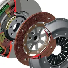Rozłożony mechanizm sprzęgła z dwumasą, pokazujący koło zamachowe, tarczę i docisk.