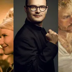 Trzy kadry z najnowszych polskich filmów w kinach: para na balu, ksiądz w okularach i para na obrazie.