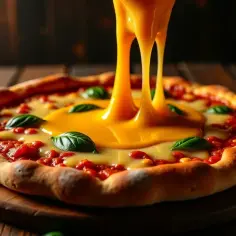 Gorący, ciągnący się ser do pizzy, z dodatkiem świeżej bazylii, tworzy apetyczny widok.