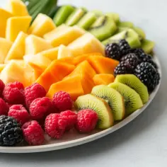 Kolorowa taca z owocami: maliny, jeżyny, kiwi, mango i papaja. Idealny sposób, jak efektownie podać owoce na przyjęcie.