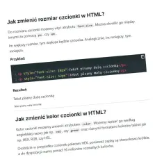Fragment kodu HTML pokazujący zmianę rozmiaru czcionki na dużą i małą.