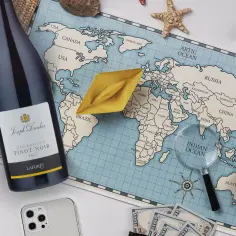 Dwie butelki Pinot Noir, europejskie i z Nowego Świata, na mapie świata. Odkryj różnicę między winem z nowego świata a winem europejskim.