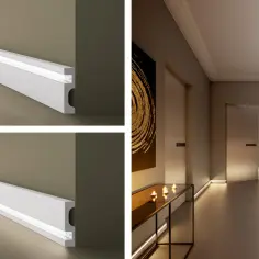 Nowoczesna listwa LED na ścianę tworzy subtelne, rozproszone światło w korytarzu, podkreślając jego architekturę.