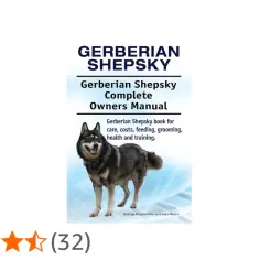 Okładka książki "Gerberian Shepsky Complete Owners Manual" z psem rasy mieszaniec husky i owczarek niemiecki.