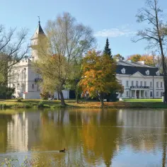 Jesienny krajobraz nad zalewem bolimowskim. Pałac z wieżą odbija się w spokojnej tafli wody, po której pływa kaczka.