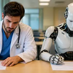 Lekarz i robot piszą przy biurku. Współpraca w dziedzinie językoznawstwa przyszłości.