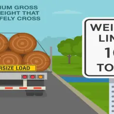 Ciężarówka z drewnem ma "Oversize Load". Znak drogowy informuje o maksymalnej dopuszczalnej masie całkowitej 10 ton.