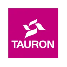Logo Tauron: biały symbol i napis na fioletowym tle.